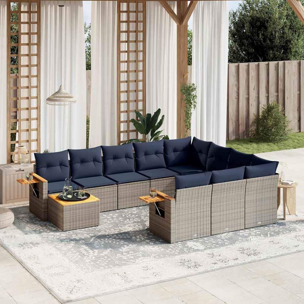 vidaXL 11 Piece Patio Sofa Set with Cushions Grey Poly Rattan - 217.5x27.2x149.5