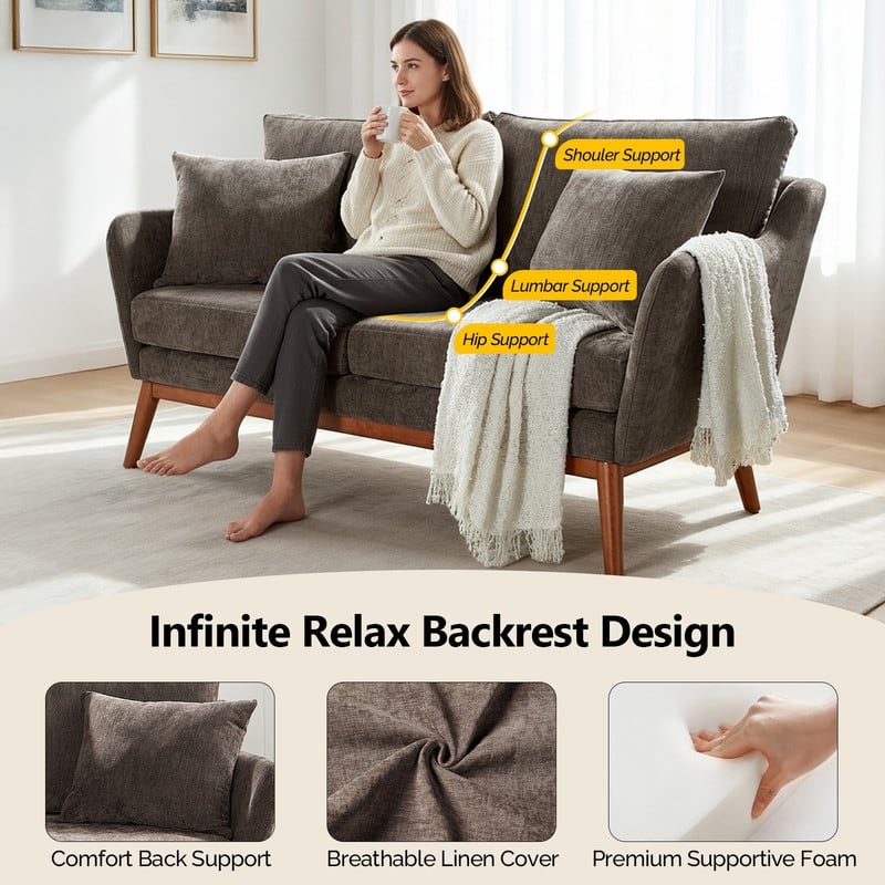 Linen Blend Mid-Century Modern Small Spaces Loveseat Two-Seater Sofa With Solid Wood Base