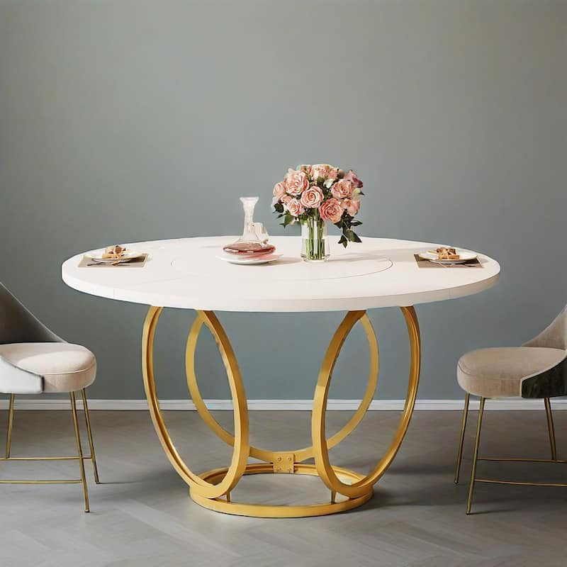 Round Dining Table for 4 to 6 People White MDF Tabletop with Gold Steel Base Modern Minimalist Design