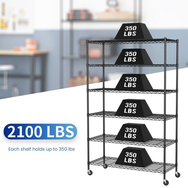 Furniture of America 6-Tier Heavy Duty Wire Shelving Rack, 48 x 18 x 82 NSF Certified, Includes Wheels, Black