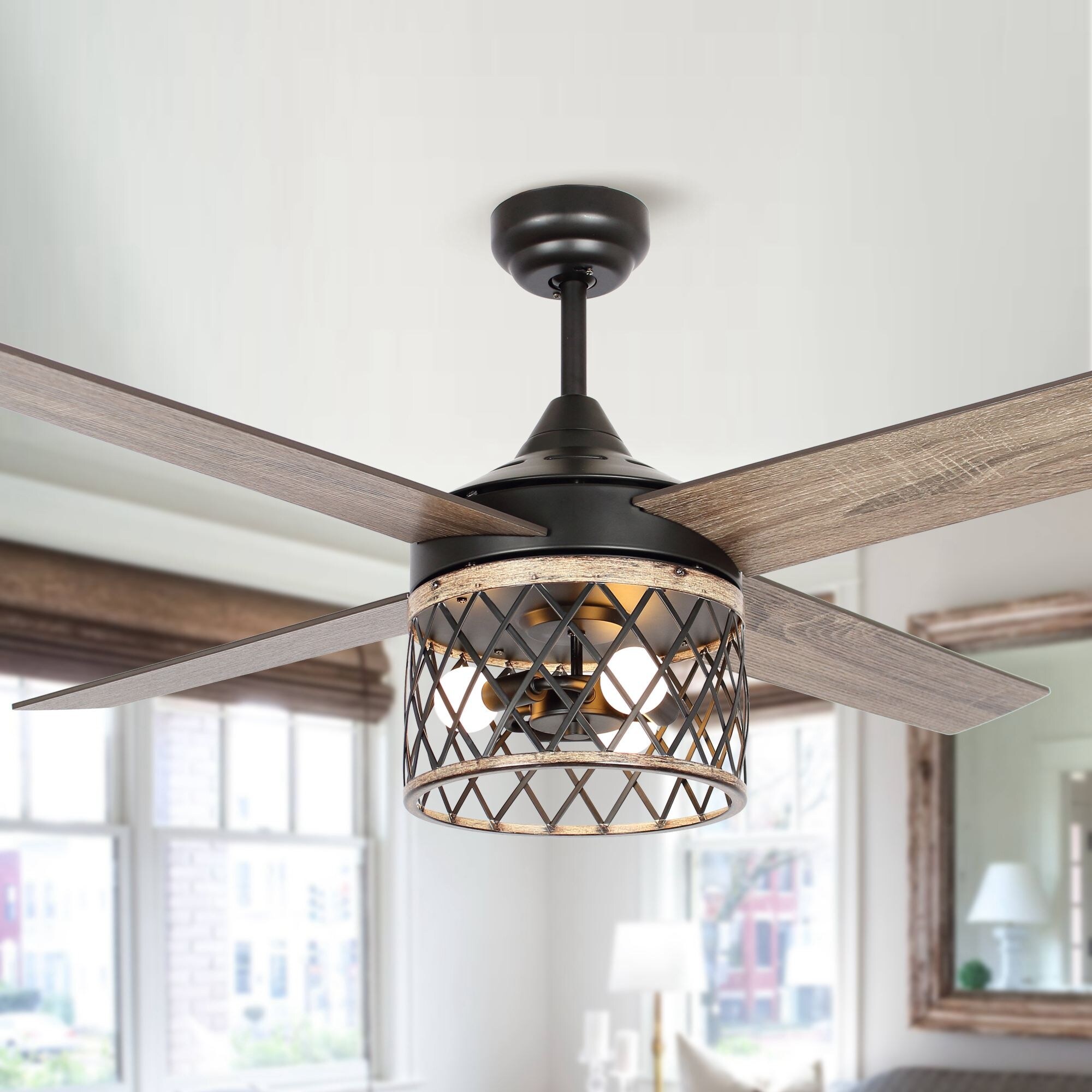 52inch Farmhouse 3Light Wooden 4Blade Ceiling Fan with Light Kit