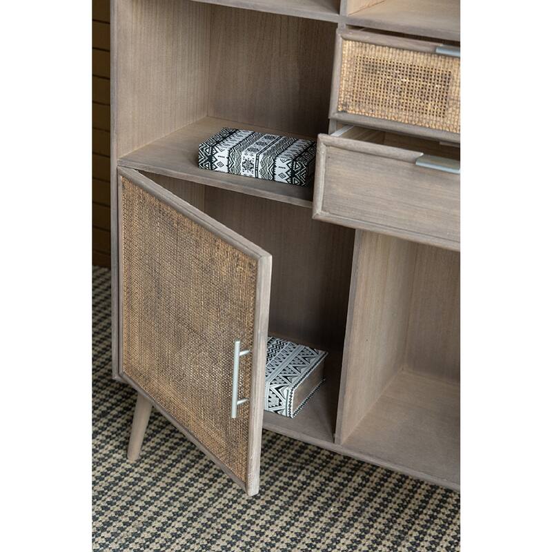 Modern Gray Cabinet with Woven Rattan Panels - Boho Storage Tower with Cubby Shelves for Any Room