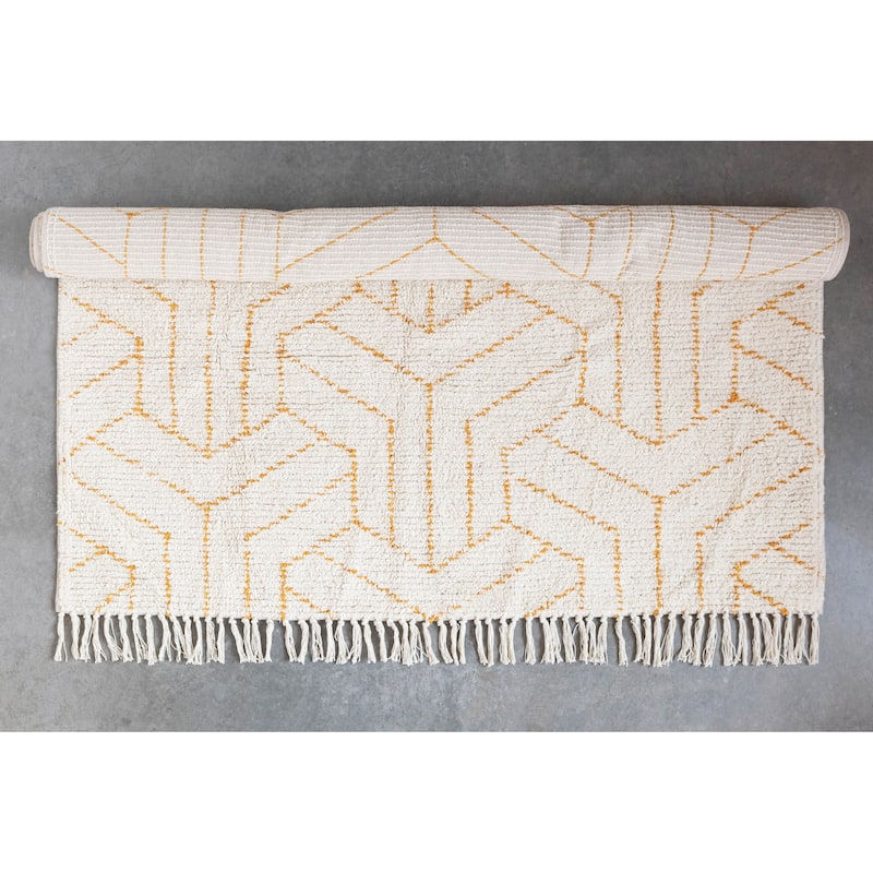Stonewashed Cotton Tufted Rug with Geometric Pattern and Fringe - 84" L x 60" W x 0" H