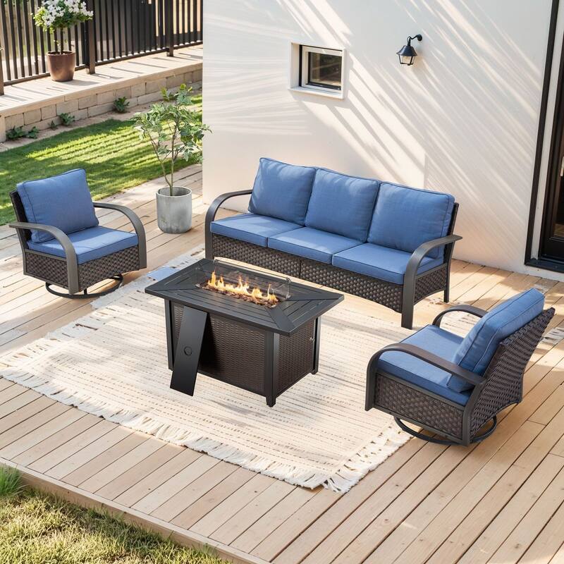 Propane Fire Pit with Outdoor Patio Funiture Set - Brown Rattan - Blue Cushion - 4PCS Sofa Swivel Chair with Fire Table