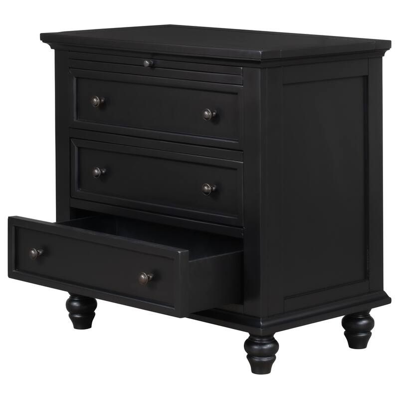 Solid Pine Wood End Table with Pull-out Tray and 3 Drawer, Easy Assembly