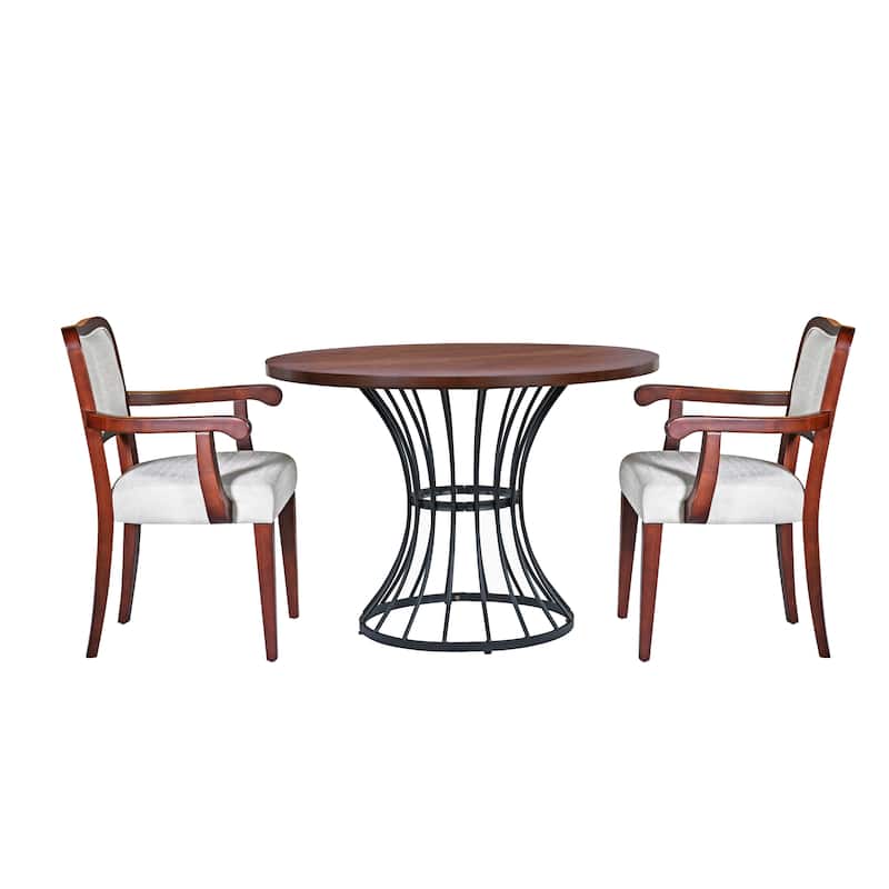42" Round Dining Set -Solid Wood-Look Veneer Table +2 Upholstered Armchairs,Heavy-Duty Iron Pedestal Base,Space-Saving,3-Piece