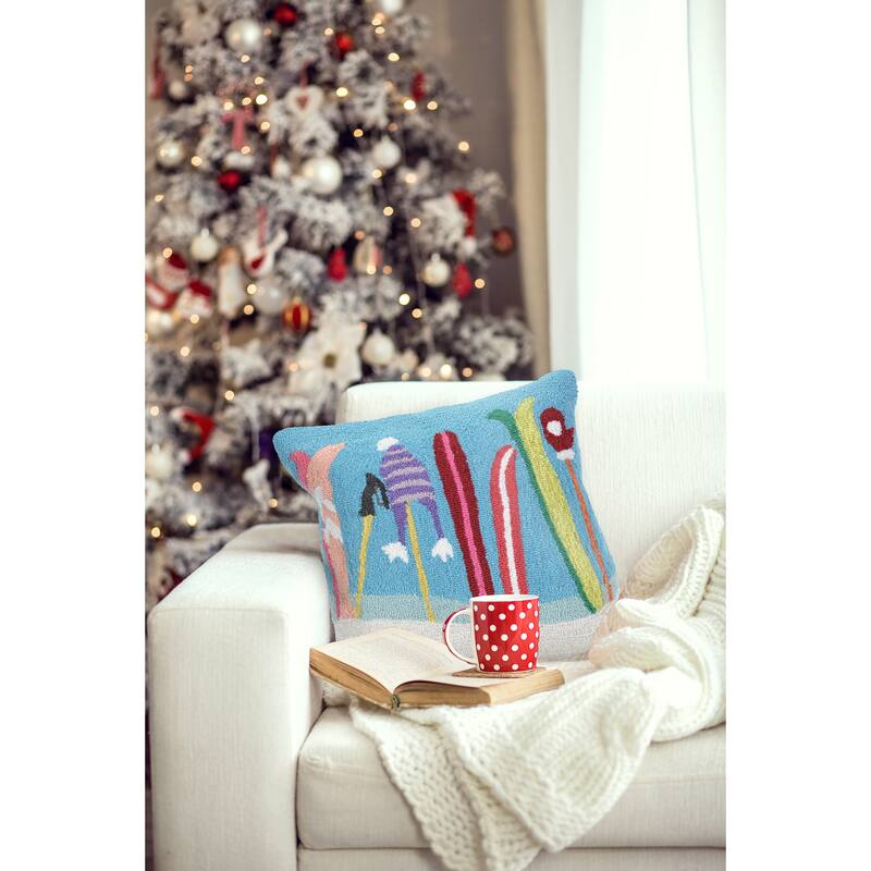 Liora Manne Frontporch Gone Skiing Indoor/Outdoor Pillow Blue 18" Square - Blue - 18 x 18