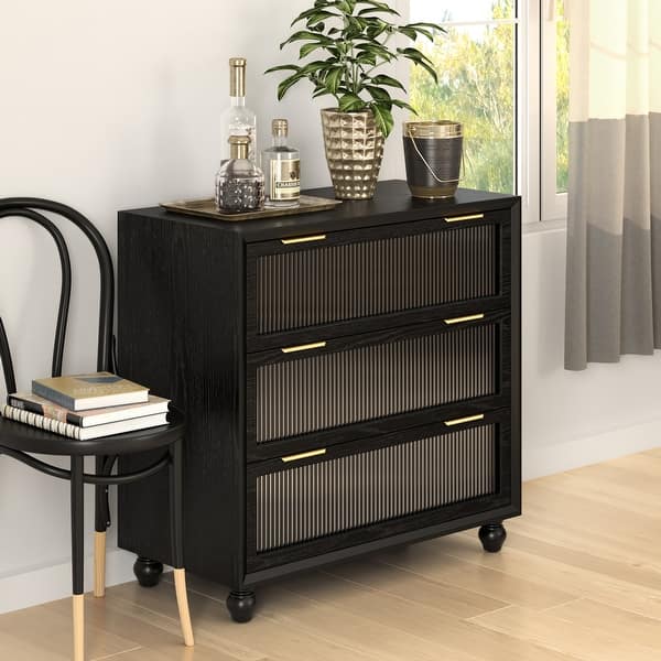 COZAYH Retro Nightstand with Reeded Glass Front, Natural Wood Grain End