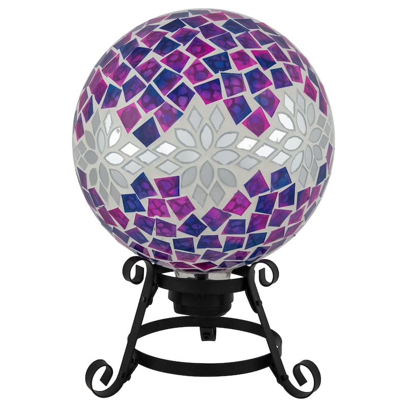 Mosaic Floral Outdoor Garden Gazing Ball 10" Purple, Pink and Silver