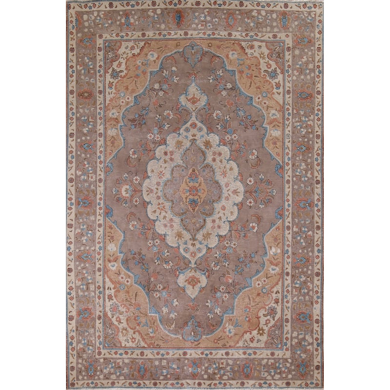 Brown Tabriz Vintage Persian Area Rug Hand-Knotted Wool Carpet - 8'1" x 10'10"