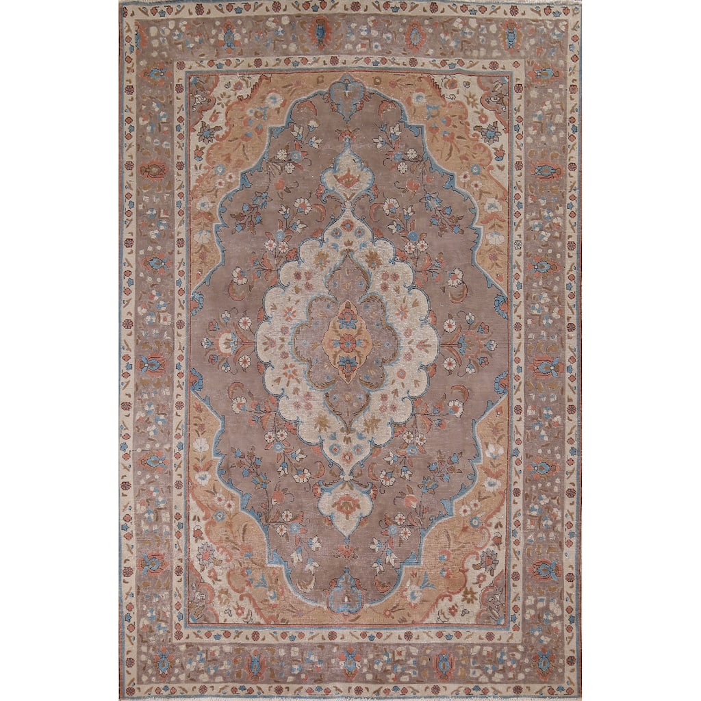 Brown Tabriz Vintage Persian Area Rug Hand-Knotted Wool Carpet - 8'1" x 10'10"