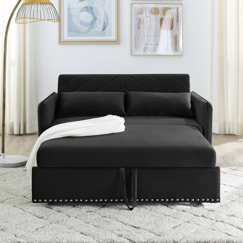 Pull-out sofa sleeper, 3-in-1 adjustable sleeper with pull-out bed, 2 lumbar pillows and side pocket