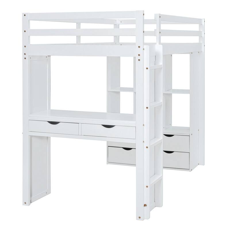 Twin Size Solid Wood Loft Bed with Desk,Shelves,and LED Light
