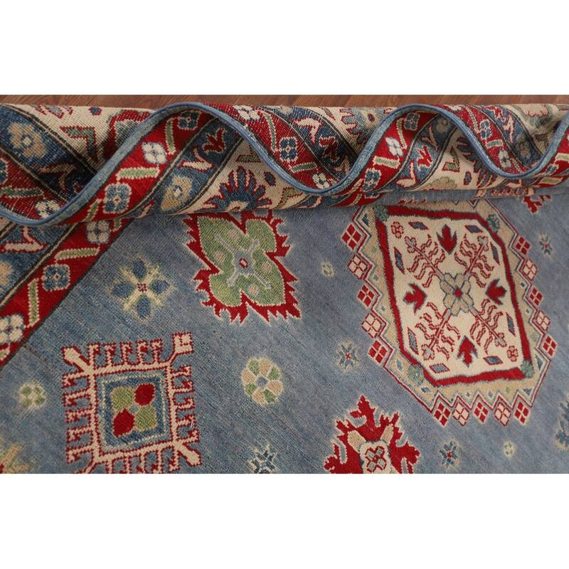 Light Blue Kazak Area Rug Living Room Hand-Knotted Wool Carpet - 6'8" x 9'9"