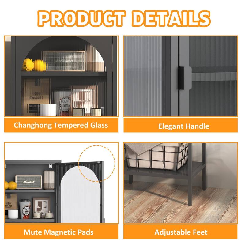 Modern Metal Storage Cabinet with Glass Doors and 3 Adjustable Shelves for Home, Office