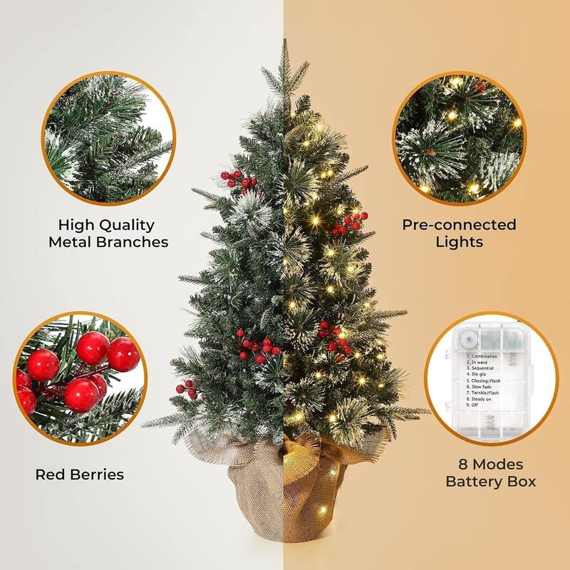 3FT Pre-Lit Artificial Christmas Xmas Tree with 78 LED Lights, Potted Base