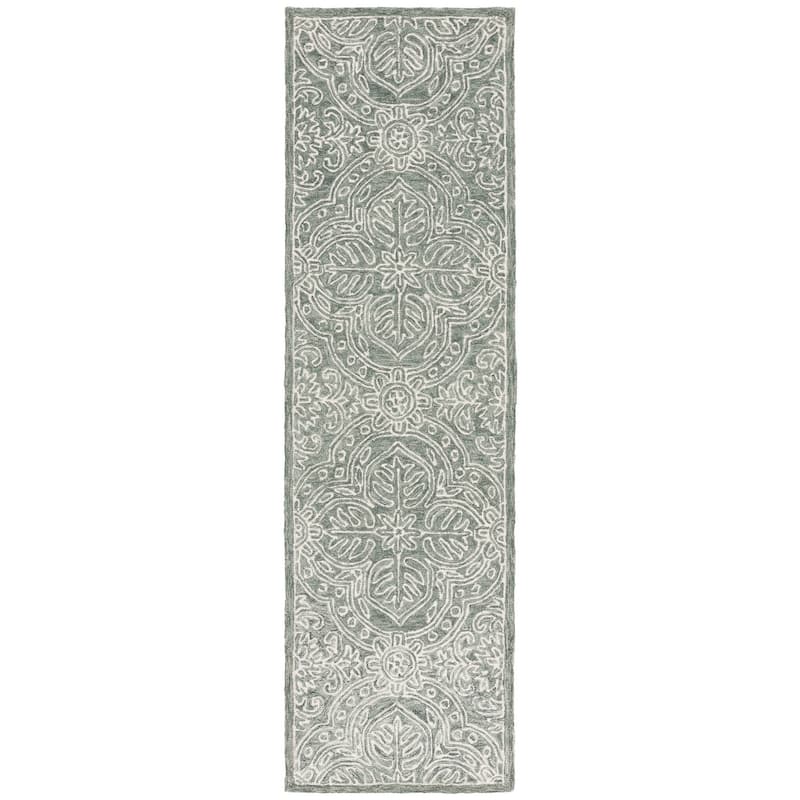 Lauren Ralph Lauren Handmade Etienne French Country Geometric Wool Rug - 2'3" x 8' Runner - Sage/Ivory