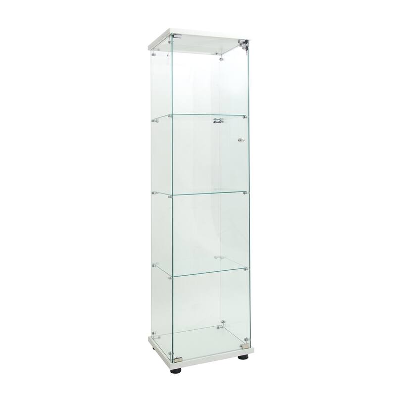LED lights Glass Display Cabinet 4 Shelves with Door and Lock, Floor Standing Curio Bookshelf for Living Room Bedroom Office
