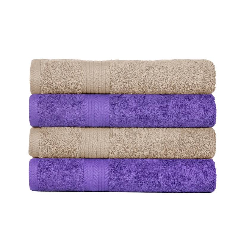 Pure Cotton 600GSM Absorbent Hand Towel 18x28 Inch by Ample Decor - Pack of 4 - Beige-Purple