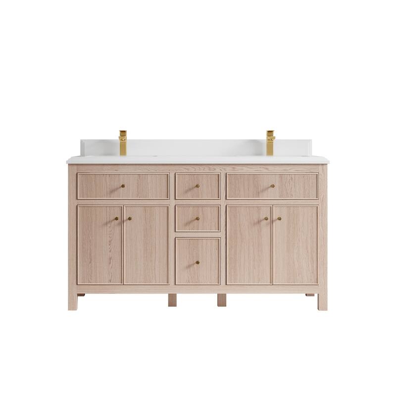 Willow Collections 60 x 22 Sonoma White Oak Wood Double Sink Bathroom Vanity with Quartz or Marble Countertop - 1.5"White - White Oak