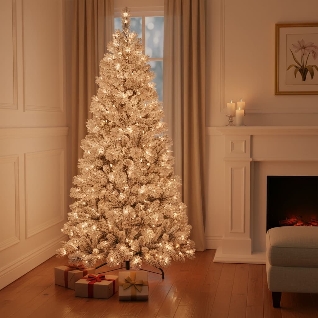 HomeRoots 8' White Pre Lit Full Flocked Fir Christmas Tree - 53.00 in. x 96.00 in. x 53.00 in.