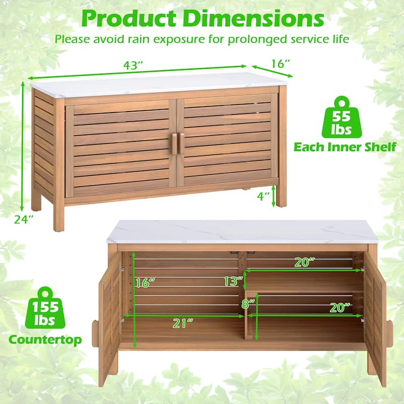 43" Outdoor Wooden Storage Cabinet with Adjustable Shelves and Faux Marble Top Soft-Close Hinges - 43" x 16" x 24"