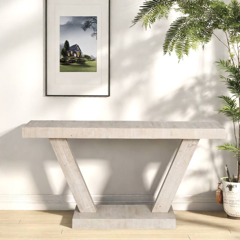 59.8" MDF Console Table with 2-Tier Solid Wood Veneer Storage Cabinet - Antique Natural