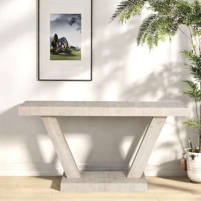 59.8" MDF Console Table with 2-Tier Solid Wood Veneer Storage Cabinet