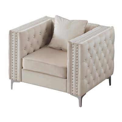 Tufted Velvet Jeweled Button Accent Chair with Pillow - 40" - Cream and Silver