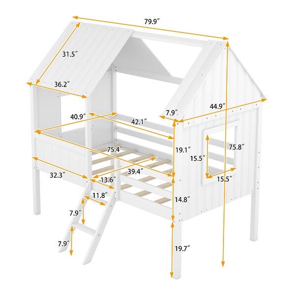 Twin Size Low Loft Bed, White Wooden Playhouse Bed with Semi-enclosed House Frame, 2 Side Windows, Ladder, Guardrails - Unisex