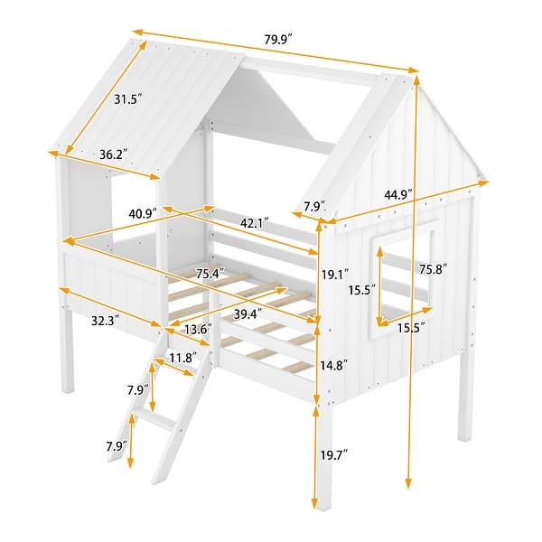 dimension image slide 3 of 4, Twin Size Low Wood House Loft Bed With Two Side Windows for Home