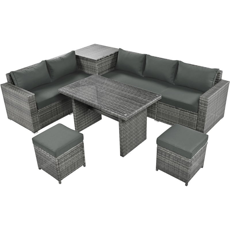 6-Piece All-Weather PE Rattan Patio Set – Adjustable Seating, Storage Box, Removable Covers & Tempered Glass Table Top‌