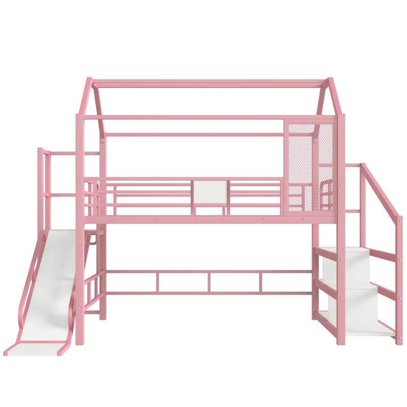 Full House Loft bed with Slide and Stairs, Metal Playhouse Bed with Storage Shelves, House-shaped Roof and Noise-free Design