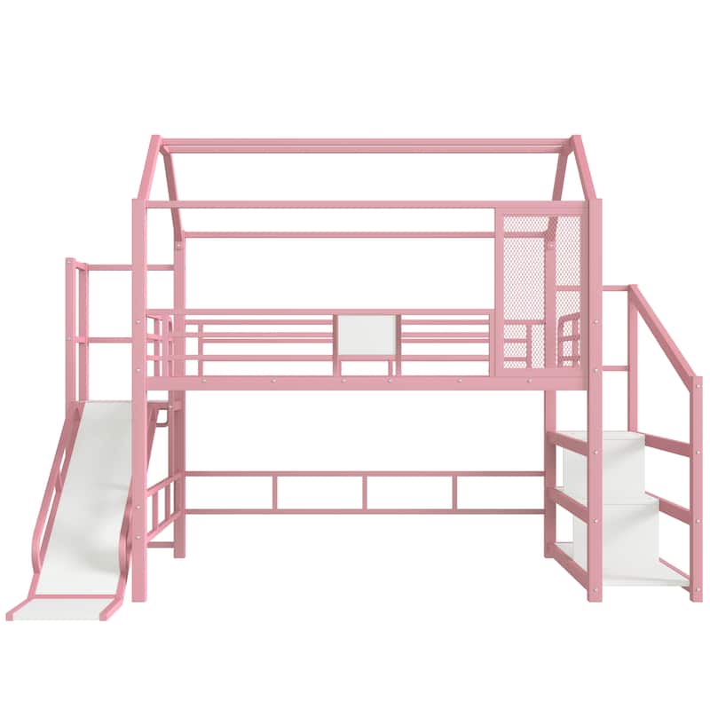 Fun Play House-shaped Loft Bed Metal Bed Frame with Grid and Shelves