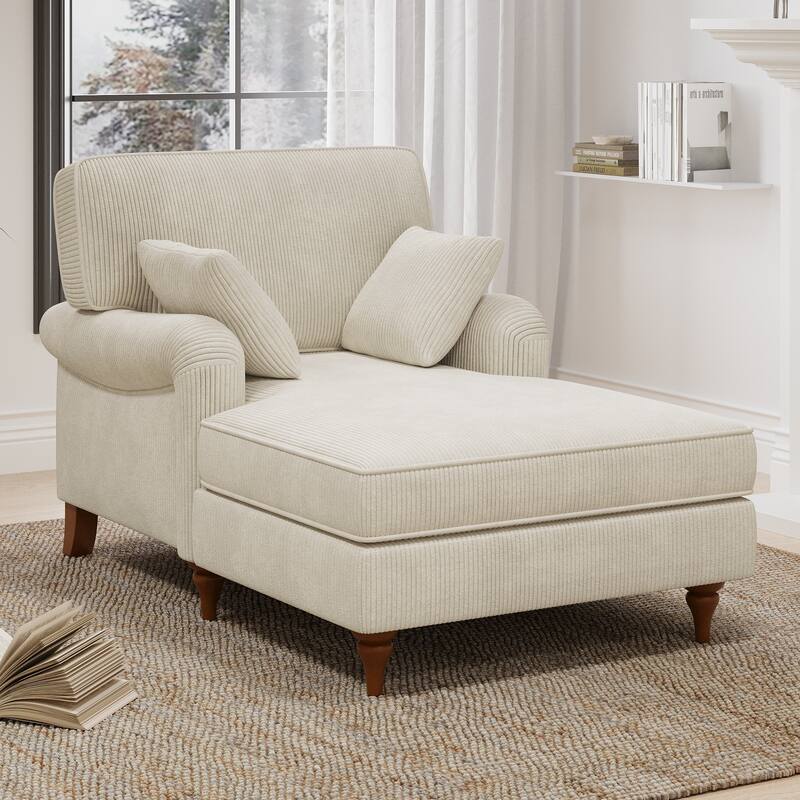 Beige Chaise Lounge Chair with 2 Pillows, Corduroy Fabric Sleeper Sofa Chair, 40.5'' Oversized Single Chair Bed, Rolled Armchair