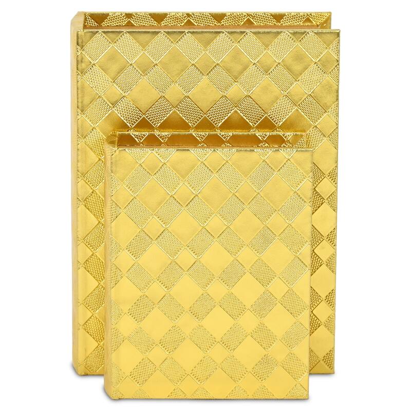 Diamond Checkered Nesting Book Boxes - 11" - Gold - Set of 2