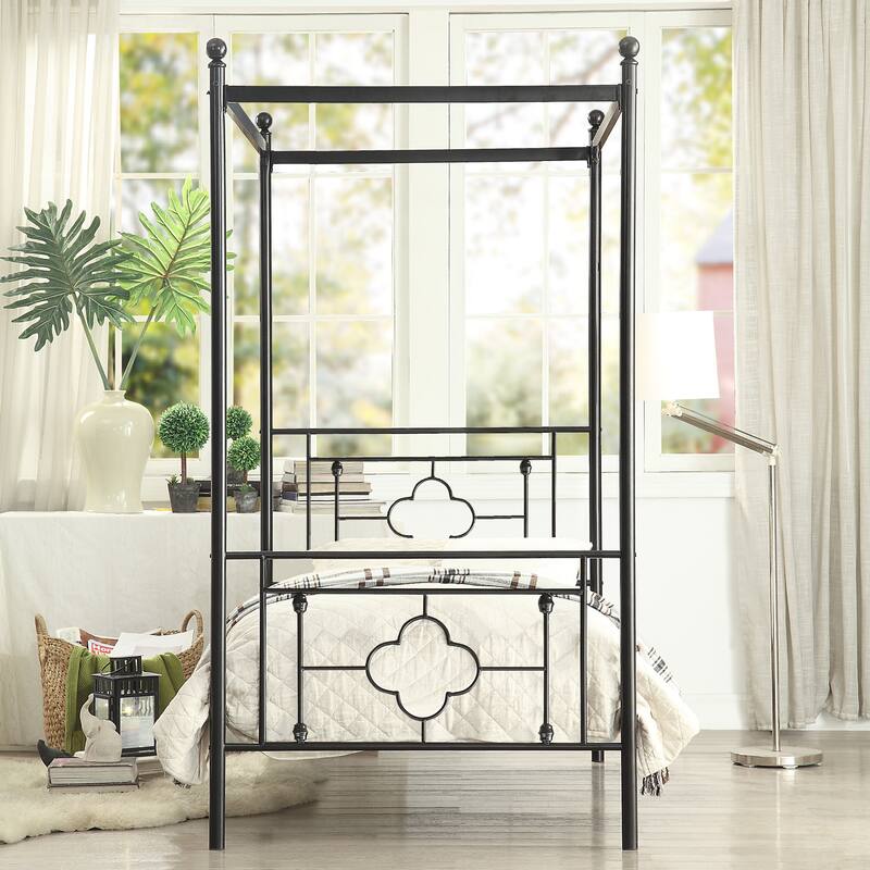 Twin Size Metal Canopy Bed with Ball Finials and Quatrefoil Design
