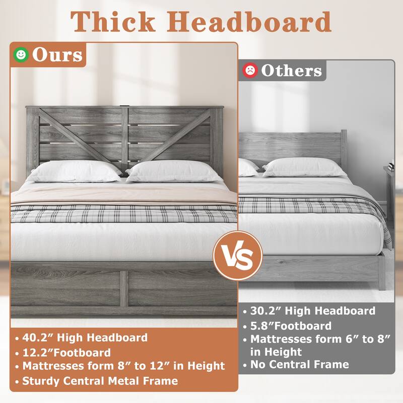 Queen/Full Storage Bed Frame with Headboard Storage, 4 Drawers & LED Lighting - Anti-Slip Noise-Free Metal Support Platform