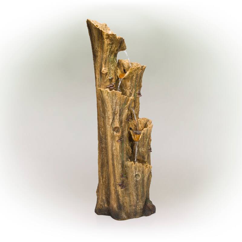 Alpine Corporation 65 Tall Outdoor 4 Tier Cascading Tree Bark Water Fountain with LED Lights Elegant Water Feature for Garden