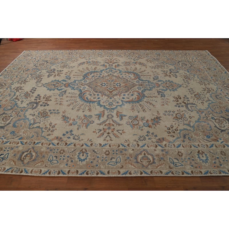 Hand Knotted Oriental 100% Wool Carpet Traditional Floral Beige & Ivories Tabriz Area Rug - 11' 0'' X 8' 2''