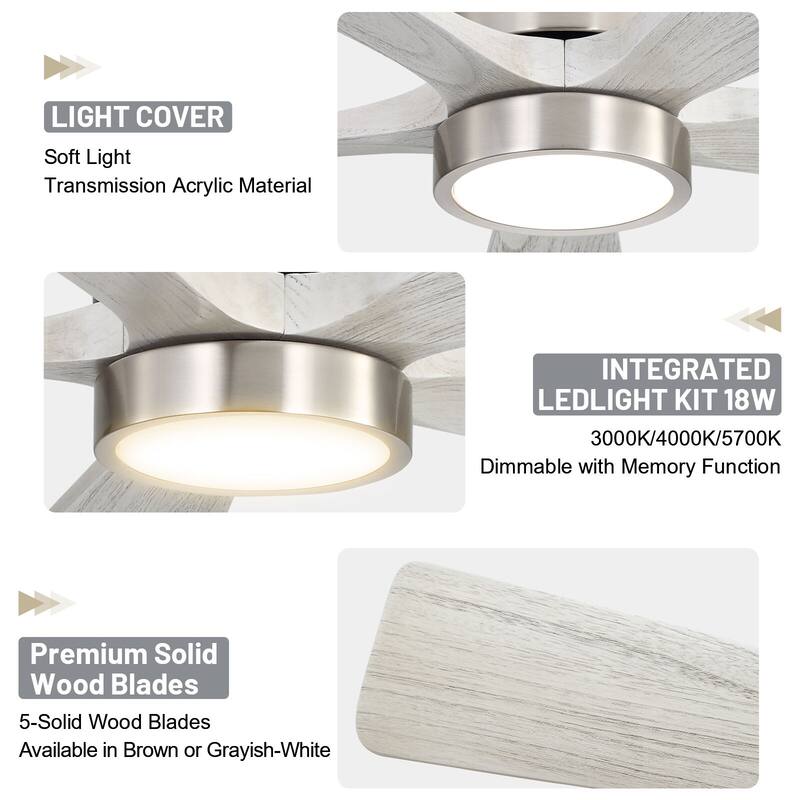 52" Solid Wood Noiseless Ceiling Fans with Dimmable LED Light Optional and Remote, 6-Speed Reversible DC Motor,Smart Optional