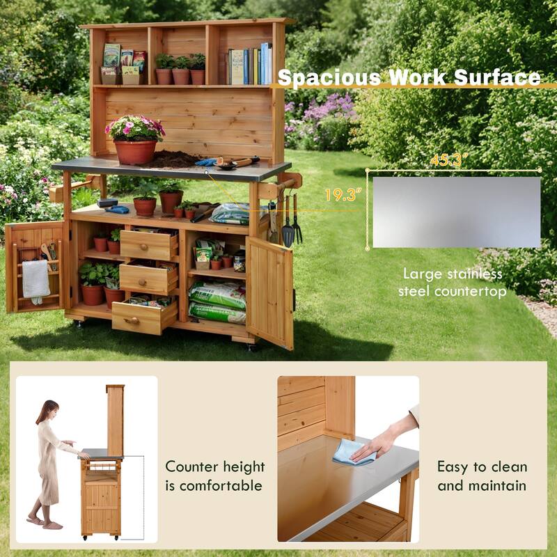 65" Outdoor Potting Bench with Stainless Steel Top, Rolling Garden Workstation with Hutch & Storage