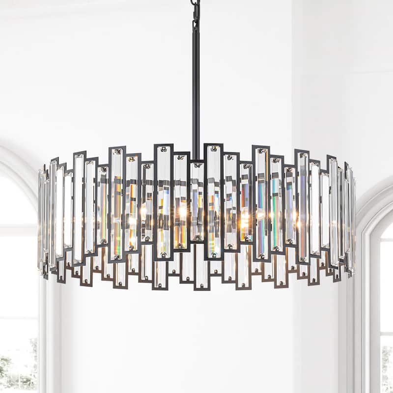 6-Light Modern Glam Crystal Chandelier Black/Gold Round Drum Chandelier for Dining Room