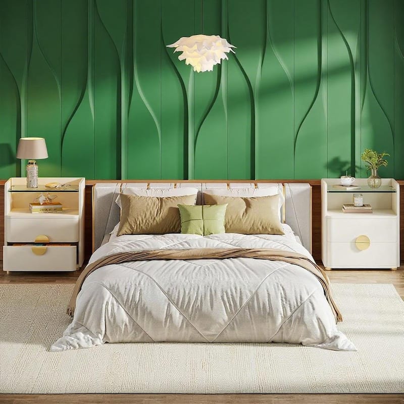White MDF Glass Nightstand with Gold Metal Legs and Storage Drawers