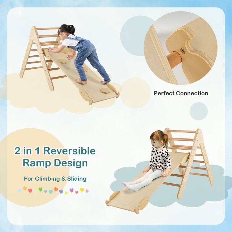 3-in-1 Wooden Climbing Triangle Set Triangle Climber with Ramp - 34" x 19" x 29" (L x W x H)