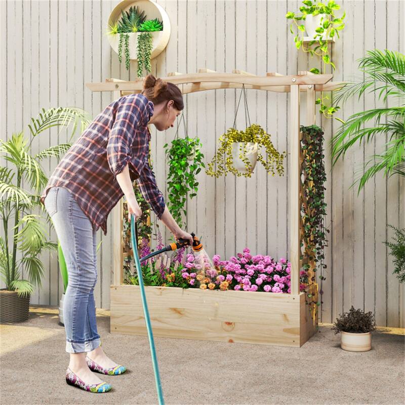 44" Wooden Raised Planter Box with Side Trellises and Open-Ended Bottom for Large Plants - Natural - 44" x 14" x 45"