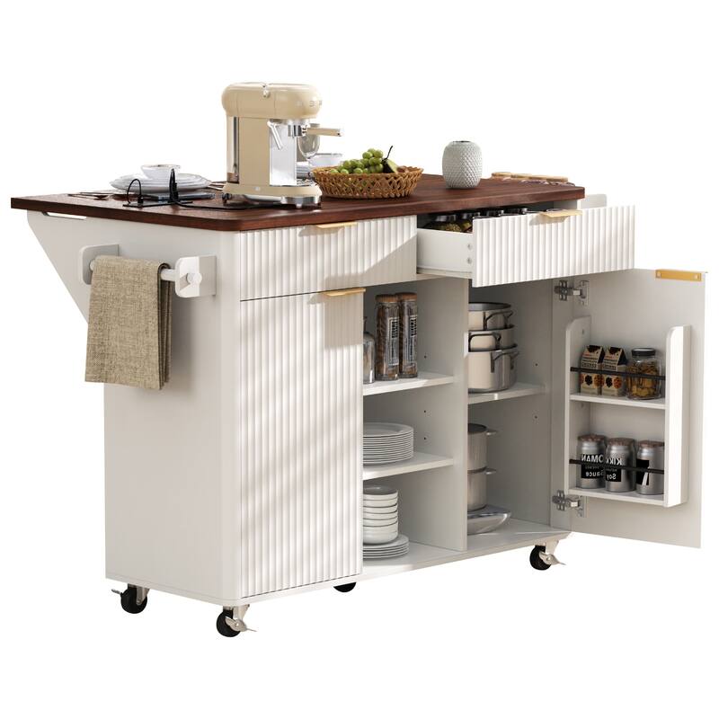 Fluted 52" Kitchen Island Cart with Drop Leaf, Power Outlet, Rolling Island Table with Adjustable Shelves for Versatile Storage
