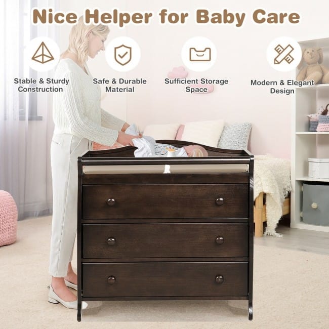 Baby Changing Table Infant Diaper with 3 Drawers and Safety Belt-Brown - 35.5" x 23" x 39" (L x W x H)