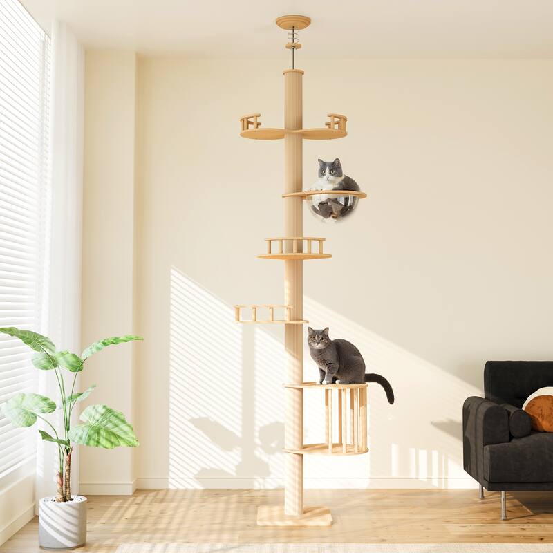Floor-to-Ceiling Adjustable Cat Tree Tower with Acrylic Capsule - Natural