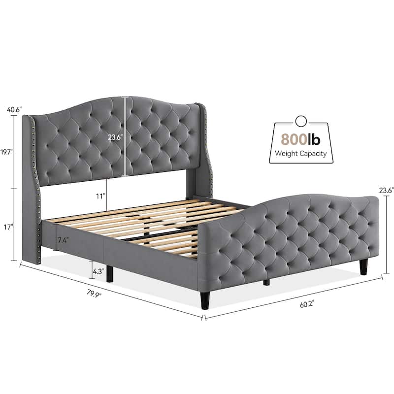 Elam Grey Tufted Upholstered Platform Bed Frame with Headboard and Footboard